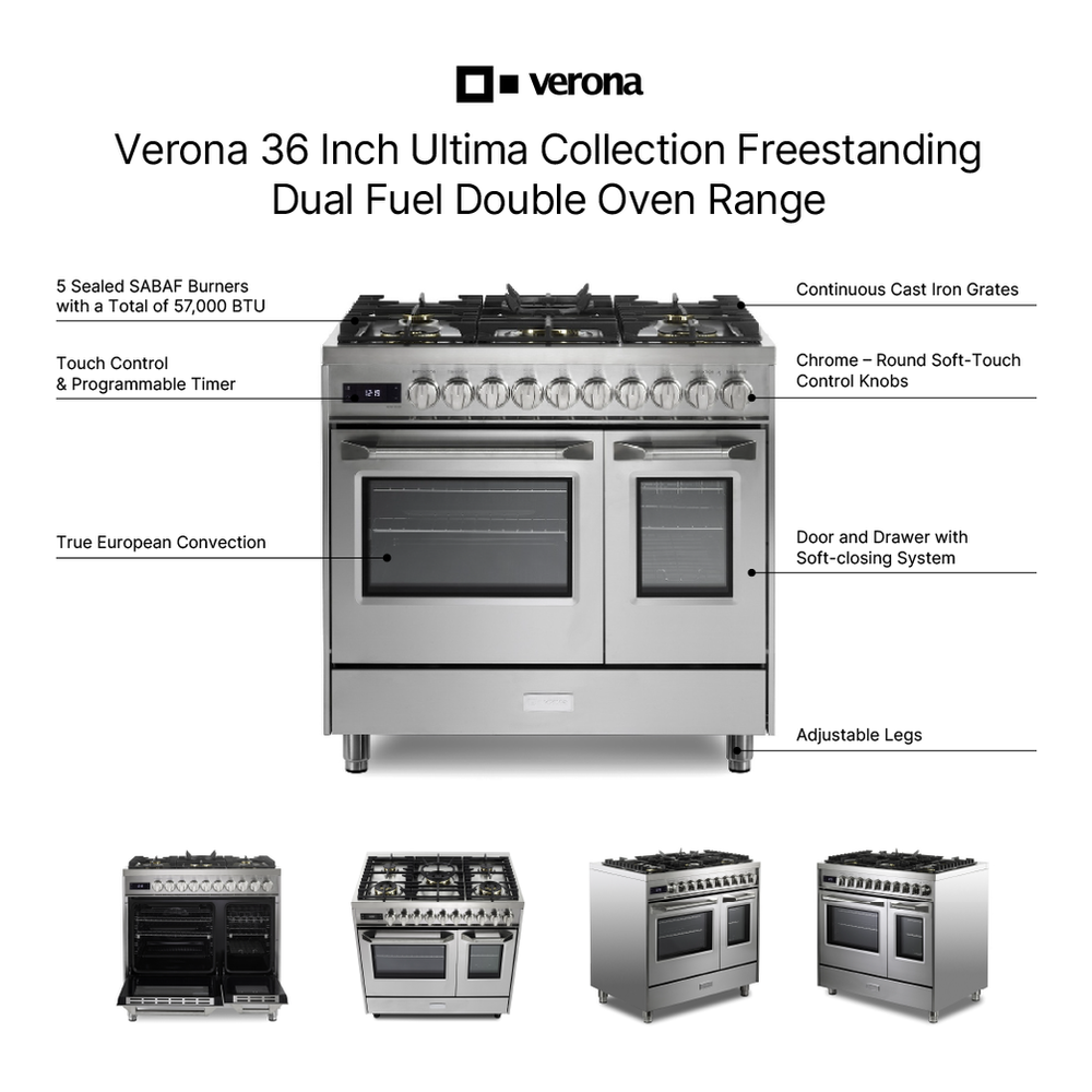 Verona VUFSGE365D 36 inch Ultima Collection Double Oven Dual Fuel Range with 5 Brass Burners, 4.1 cu. ft. Total Oven Capacity