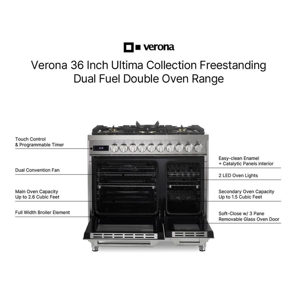 Verona VUFSGE365D 36 inch Ultima Collection Double Oven Dual Fuel Range with 5 Brass Burners, 4.1 cu. ft. Total Oven Capacity