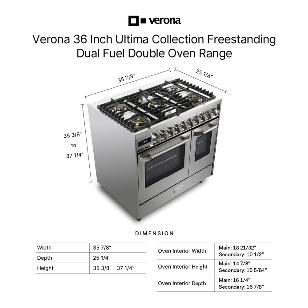 Verona VUFSGE365D 36 inch Ultima Collection Double Oven Dual Fuel Range with 5 Brass Burners, 4.1 cu. ft. Total Oven Capacity