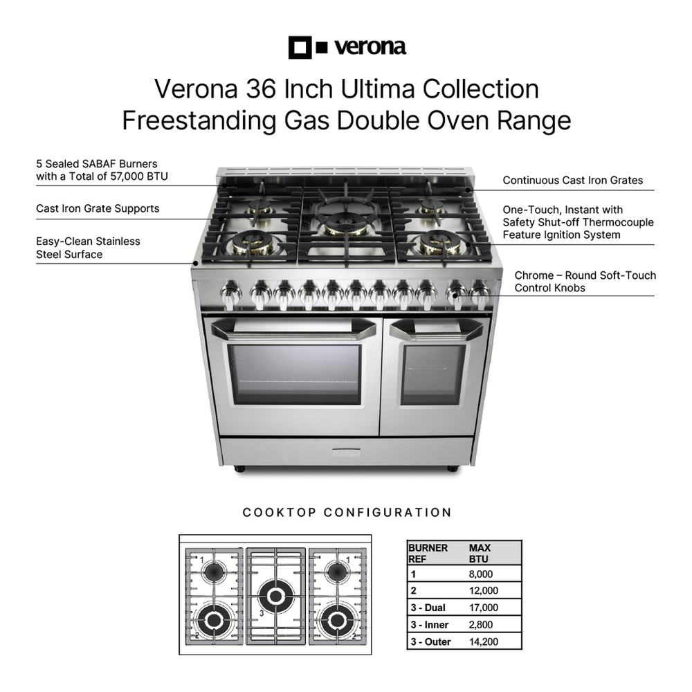 Verona VUFSGG365D 36 inch Ultima Collection Double Oven Gas Range with 5 Brass Burners, 4.1 cu. ft. Oven Total Capacity