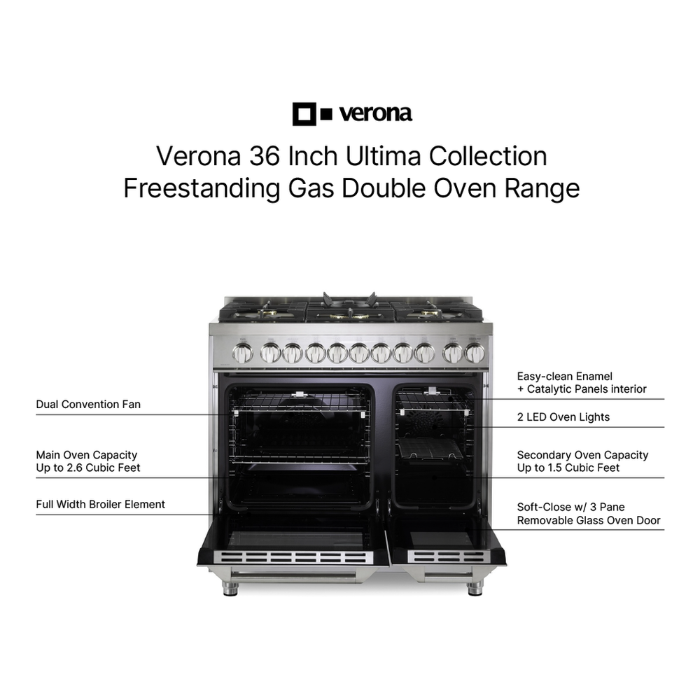 Verona VUFSGG365D 36 inch Ultima Collection Double Oven Gas Range with 5 Brass Burners, 4.1 cu. ft. Oven Total Capacity