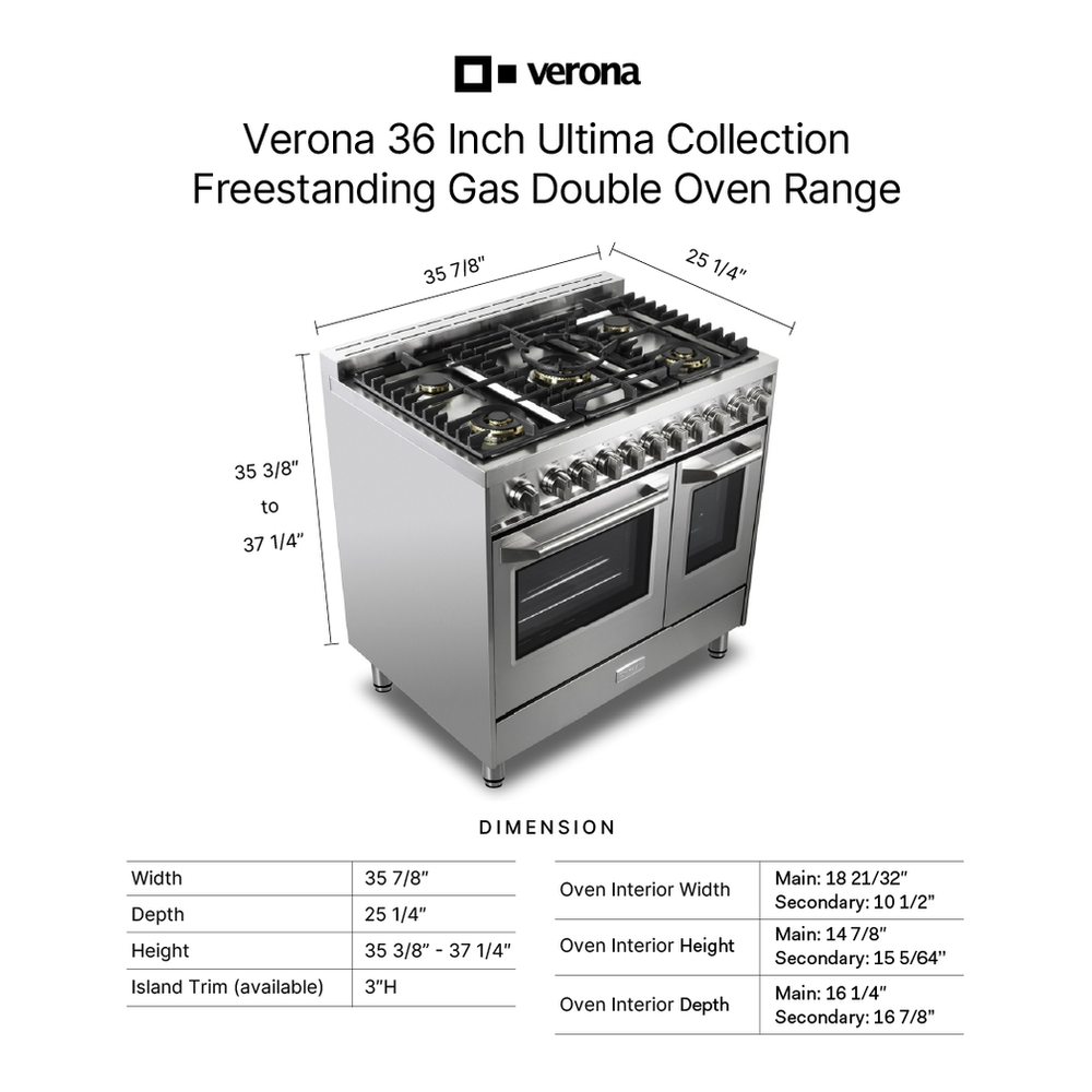 Verona VUFSGG365D 36 inch Ultima Collection Double Oven Gas Range with 5 Brass Burners, 4.1 cu. ft. Oven Total Capacity