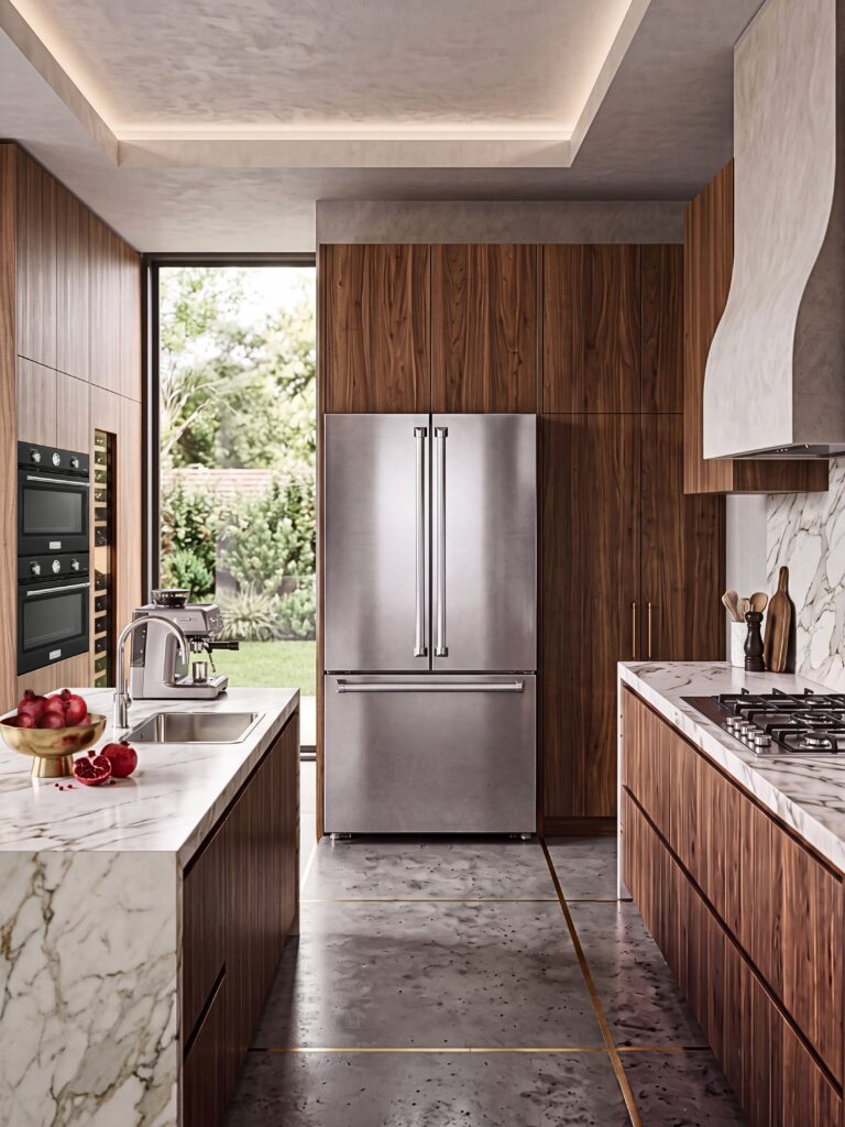 Verona VEBFD3620WIFS 36-inch counter-depth French door refrigerator with professional-style handles in modern kitchen.