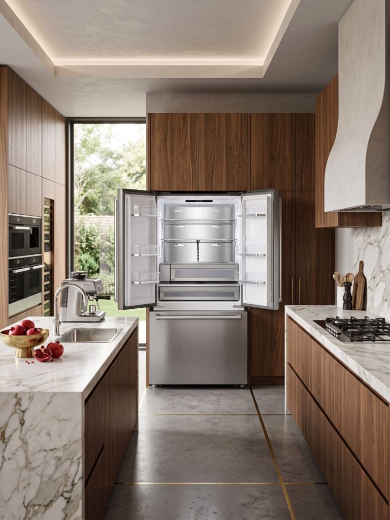 Verona VEBFD3620WIFS French door refrigerator interior with adjustable shelves, chiller storage and internal water dispenser.