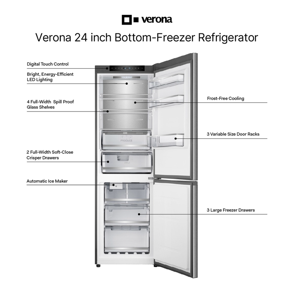 Verona VEFBF2411RISL 24 inch Bottom Freezer Refrigerator with 11.4 cu. ft. Total Capacity, Automatic Ice Maker, Sabbath Mode, Energy Star in Stainless Steel Look