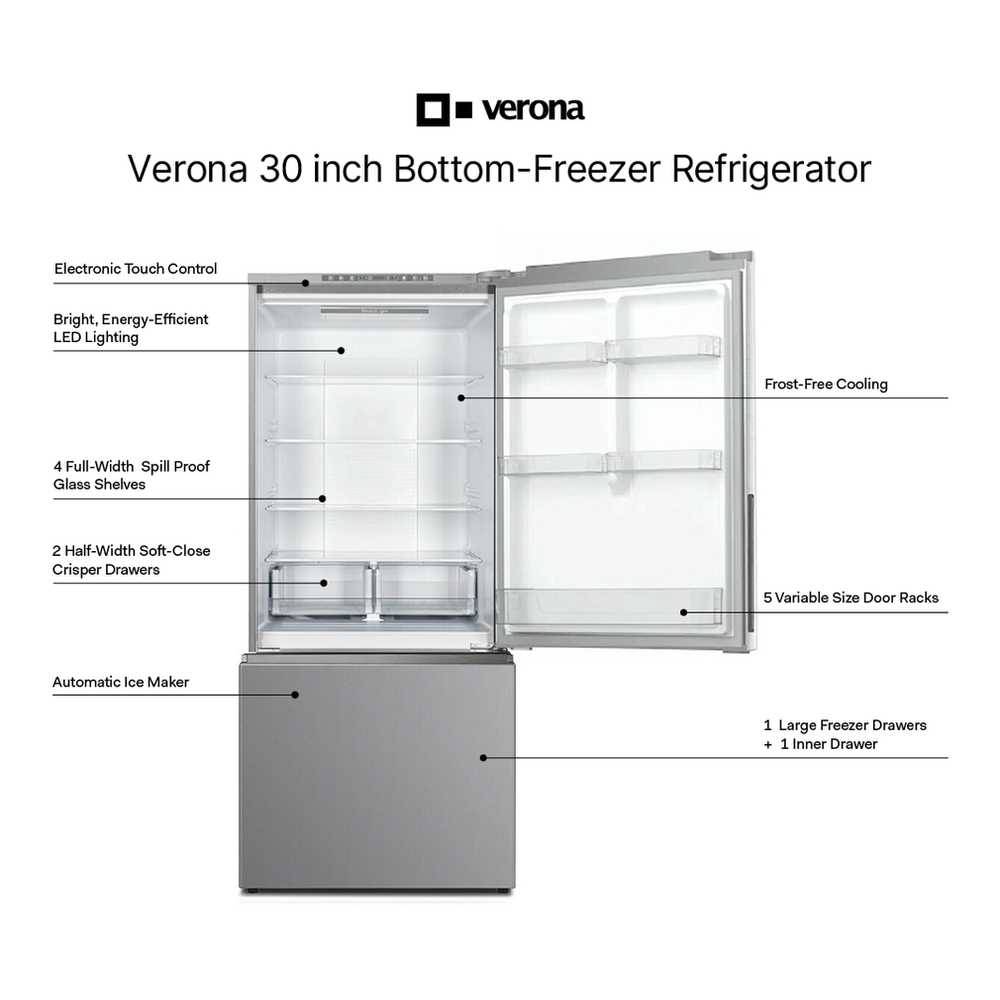 Verona VEFBF3017RISL 30 inch Freestanding Bottom Freezer Refrigerator with 17.6 cu. ft. Total Capacity, Automatic Ice Maker, Recessed Handle