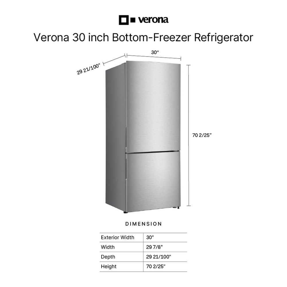 Verona VEFBF3017RISL 30 inch Freestanding Bottom Freezer Refrigerator with 17.6 cu. ft. Total Capacity, Automatic Ice Maker, Recessed Handle