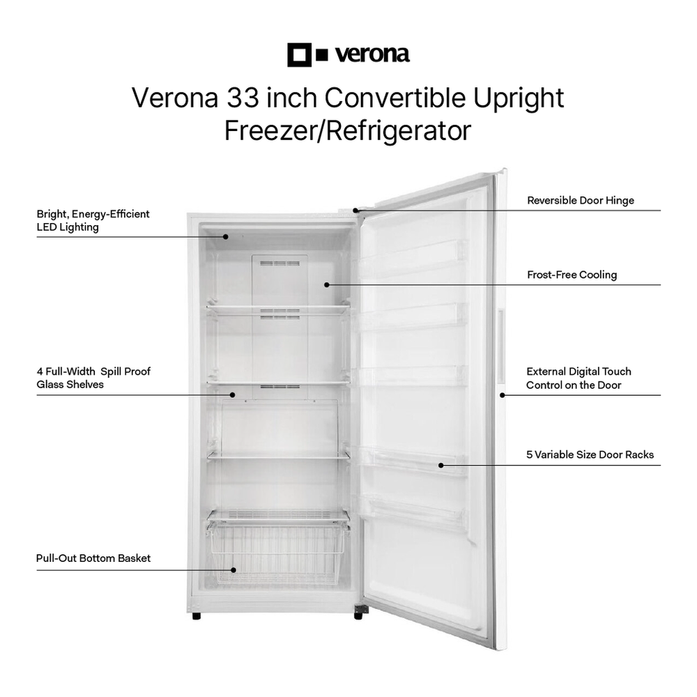 Verona VEFCF3320 33 inch Convertible Upright Freezer/Refrigerator with 20.2 cu. ft. Capacity, Exterior Control Panel, Garage Ready, Energy Star