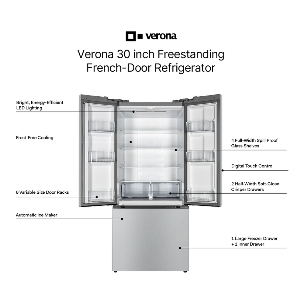 Verona VEFFD3018RISL 30 inch Freestanding French Door Refrigerator with 18.2 cu. ft. Capacity, Automatic Ice Maker, Recessed Handle