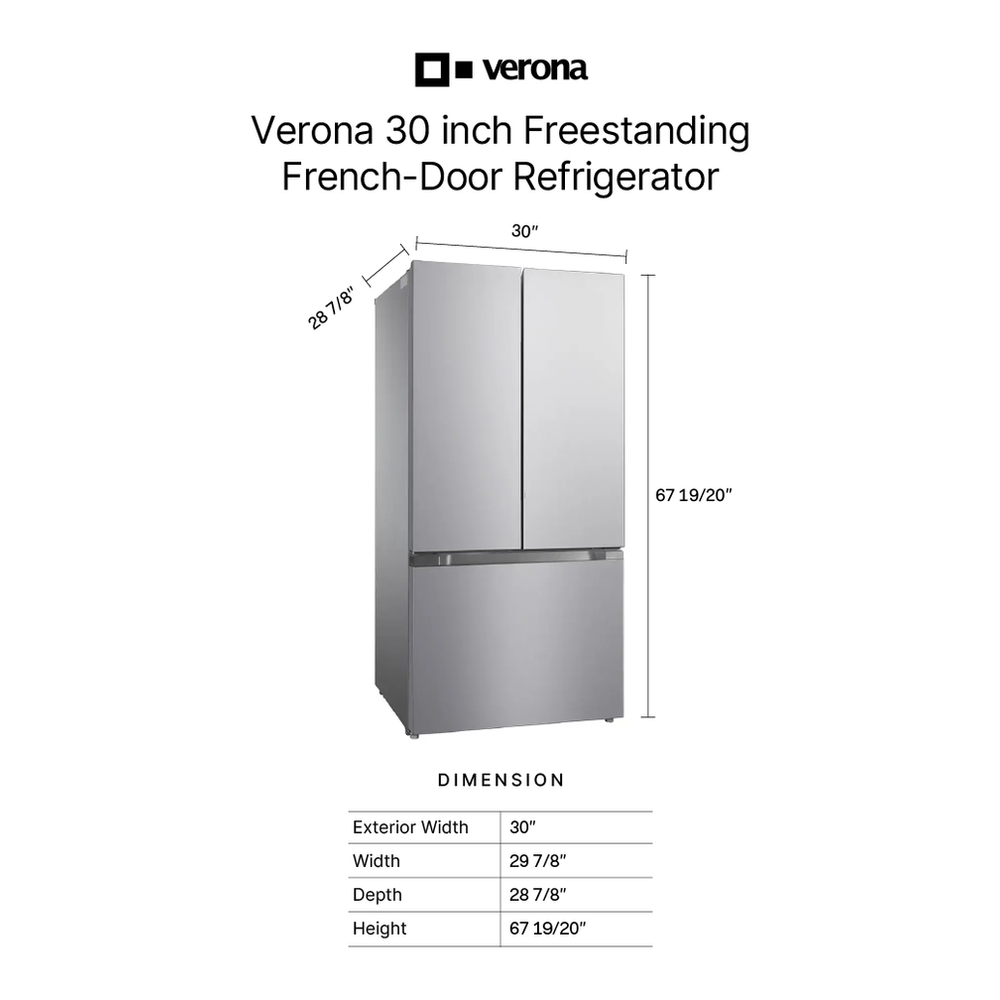 Verona VEFFD3018RISL 30 inch Freestanding French Door Refrigerator with 18.2 cu. ft. Capacity, Automatic Ice Maker, Recessed Handle