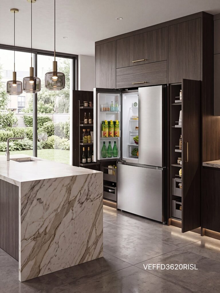 Verona VEFFD3620RISL stainless steel 36-inch French door refrigerator with recessed handles in contemporary kitchen.