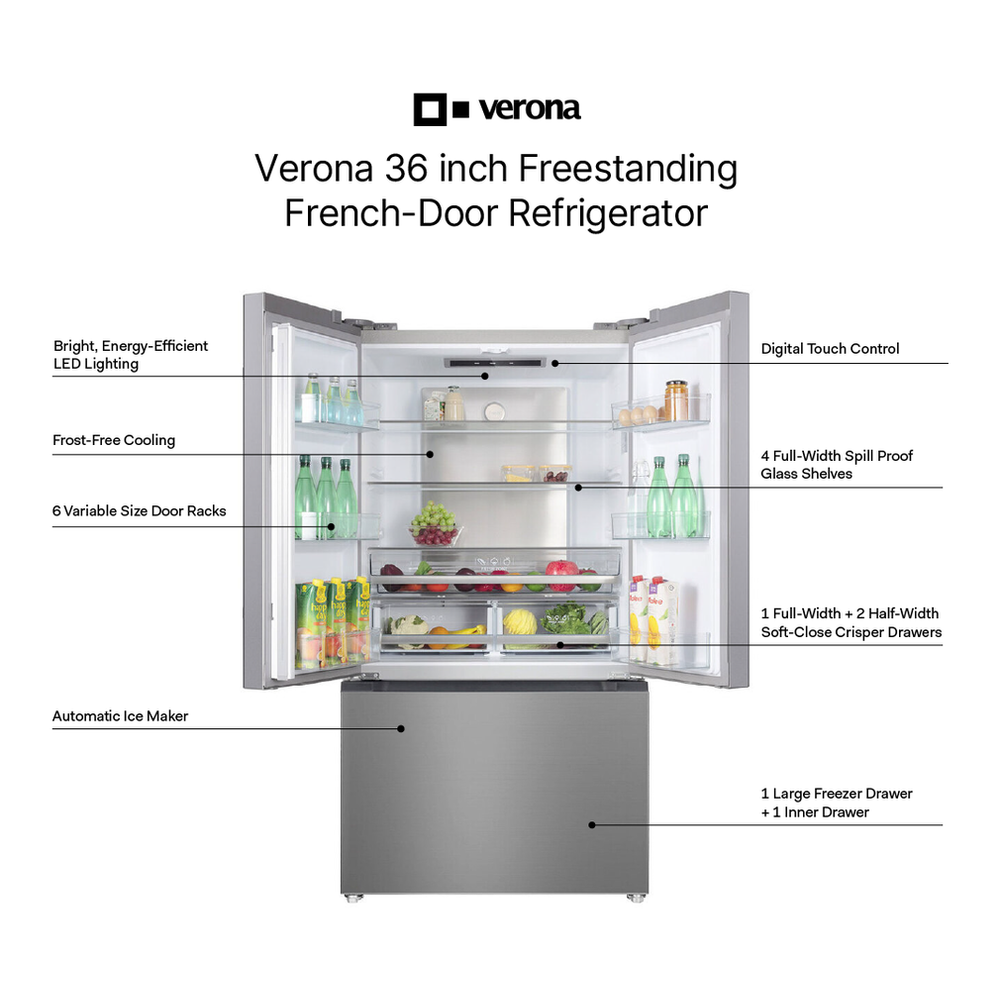 Verona VEFFD3620RISL 36 inch Freestanding French Door Refrigerator with 20.3 cu. ft. Capacity, Automatic Ice Maker, Recessed Handle
