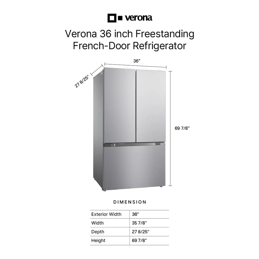 Verona VEFFD3620RISL 36 inch Freestanding French Door Refrigerator with 20.3 cu. ft. Capacity, Automatic Ice Maker, Recessed Handle