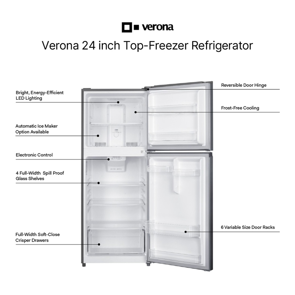 Verona VEFTF2412R 24 inch Top Freezer Refrigerator with 12 cu. ft. Total Capacity, Reversible Doors, Recessed Handle, Energy Star