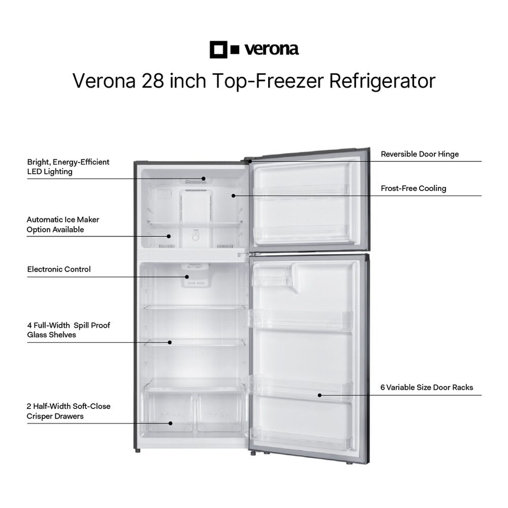 Verona VEFTF2817R 28 inch Top Freezer Refrigerator with 17.6 cu. ft. Total Capacity, Reversible Doors, Recessed Handle, Energy Star