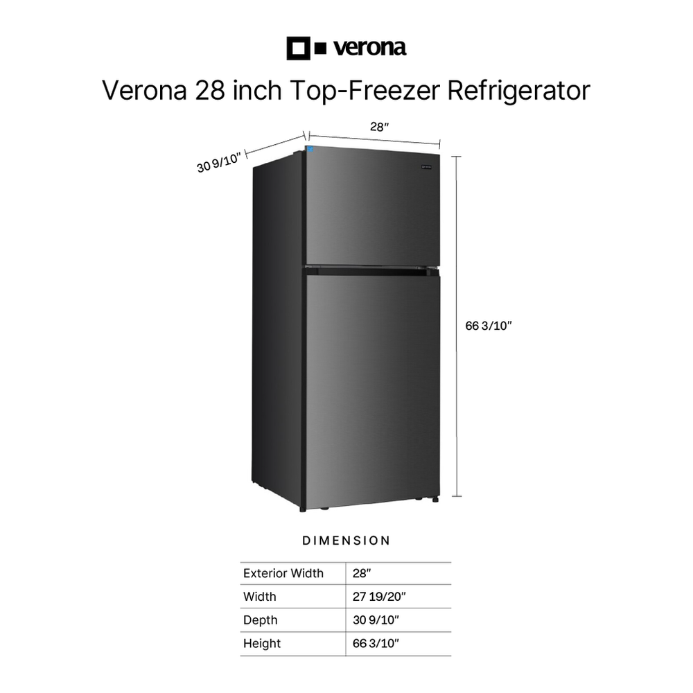 Verona VEFTF2817R 28 inch Top Freezer Refrigerator with 17.6 cu. ft. Total Capacity, Reversible Doors, Recessed Handle, Energy Star