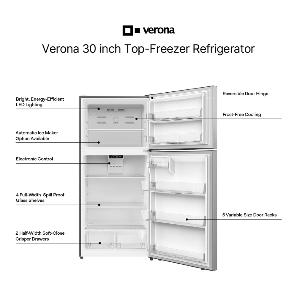 Verona VEFTF3018R 30 inch Top Freezer Refrigerator with 18.1 cu. ft. Total Capacity, LED Lighting, Reversible Doors, Gallon Door Storage, Recessed Handle, Energy Star