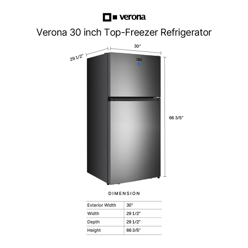 Verona VEFTF3018R 30 inch Top Freezer Refrigerator with 18.1 cu. ft. Total Capacity, LED Lighting, Reversible Doors, Gallon Door Storage, Recessed Handle, Energy StarVEFTF3018R