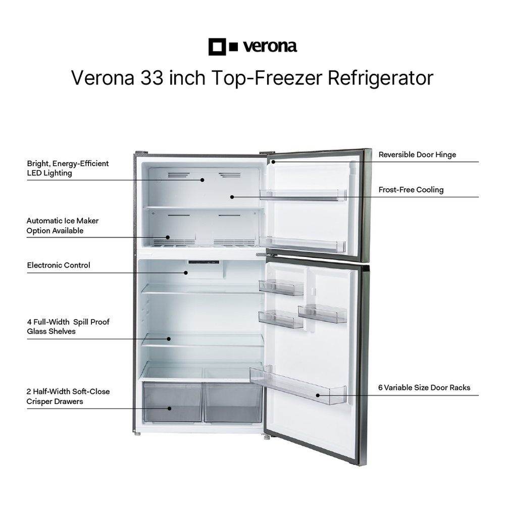 Verona VEFTF3324R 33 inch Top Freezer Refrigerator with 24 cu. ft. Total Capacity, Reversible Doors, Recessed Handle, Energy Star