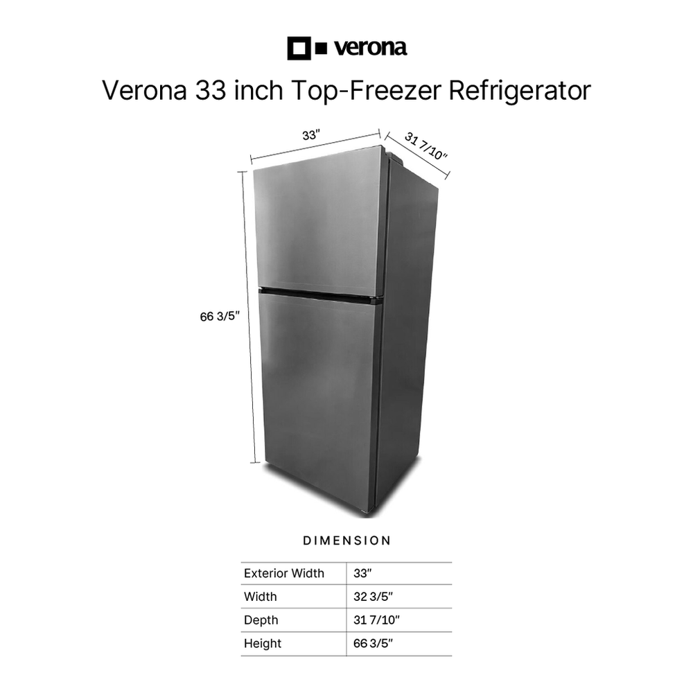 Verona VEFTF3324R 33 inch Top Freezer Refrigerator with 24 cu. ft. Total Capacity, Reversible Doors, Recessed Handle, Energy Star