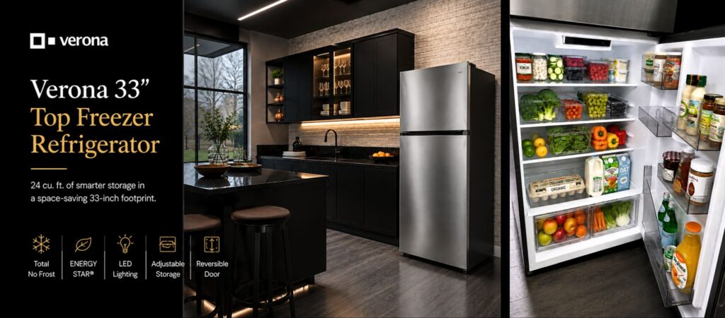 Verona 33 inch top freezer refrigerator in stainless steel kitchen