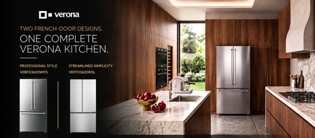 Complete Verona kitchen with 36-inch French door refrigerator, gas cooktop and built-in wall ovens.
