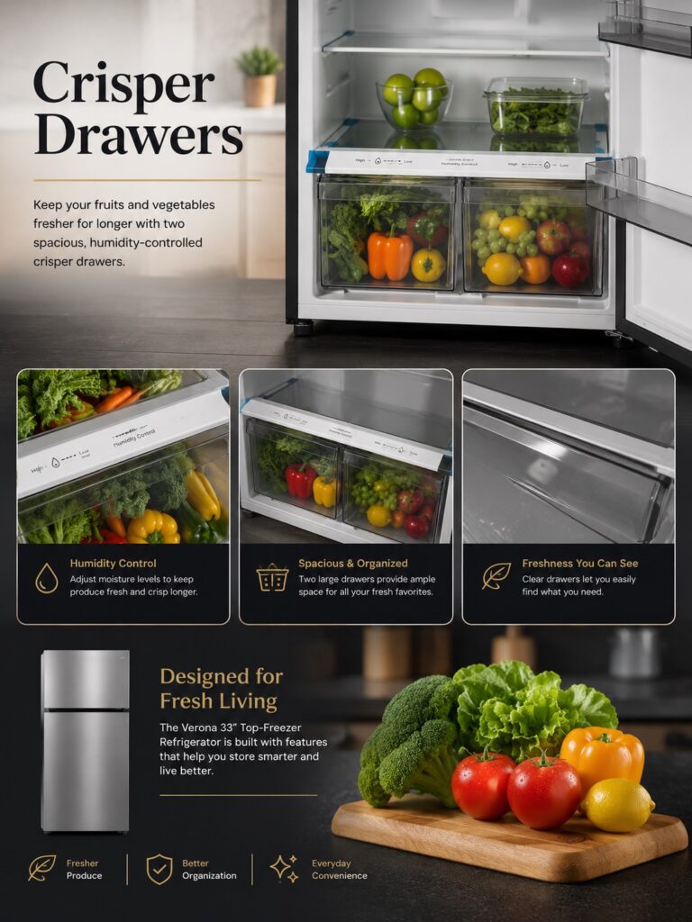 Verona refrigerator humidity controlled crisper drawers