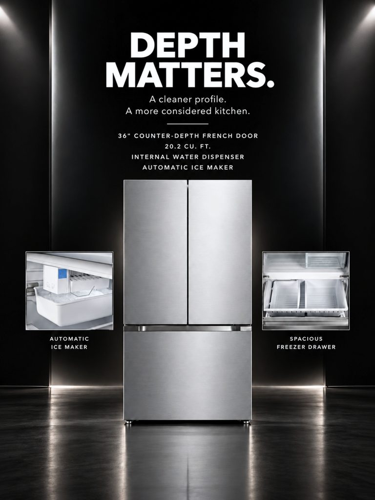 Verona 36 inch counter-depth French door refrigerator in stainless steel 