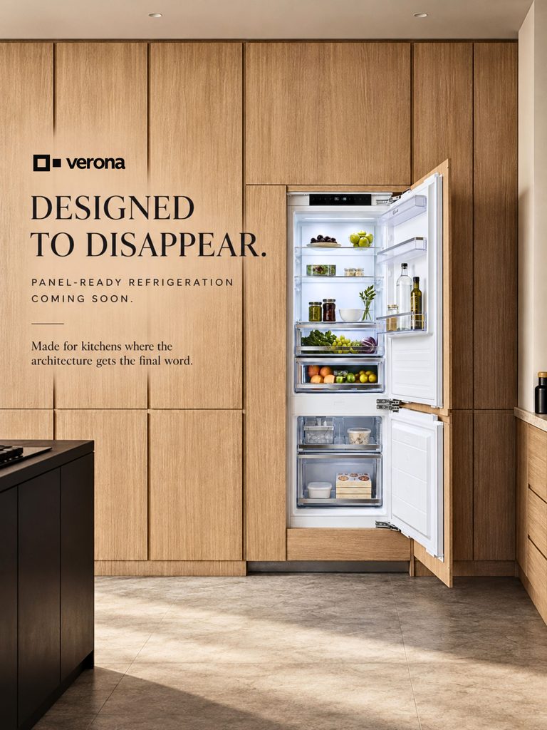 Panel-ready refrigerator integrated into modern wood kitchen cabinetry 