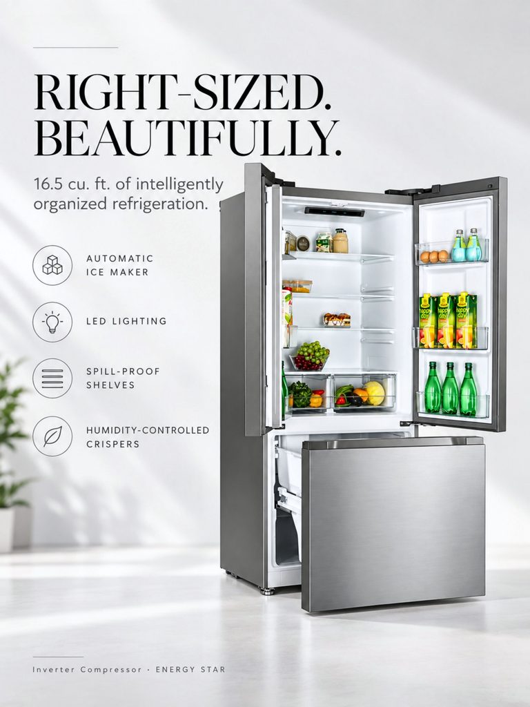 Verona 33 inch French door refrigerator with automatic ice maker and organized storage 