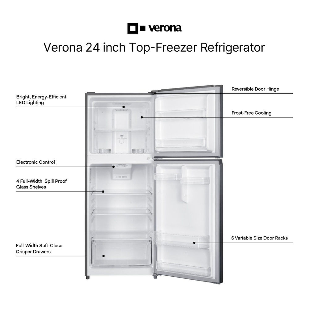 Verona VEFTF2412R 24 inch Top Freezer Refrigerator with 12 cu. ft. Total Capacity, Reversible Doors, Recessed Handle, Energy Star