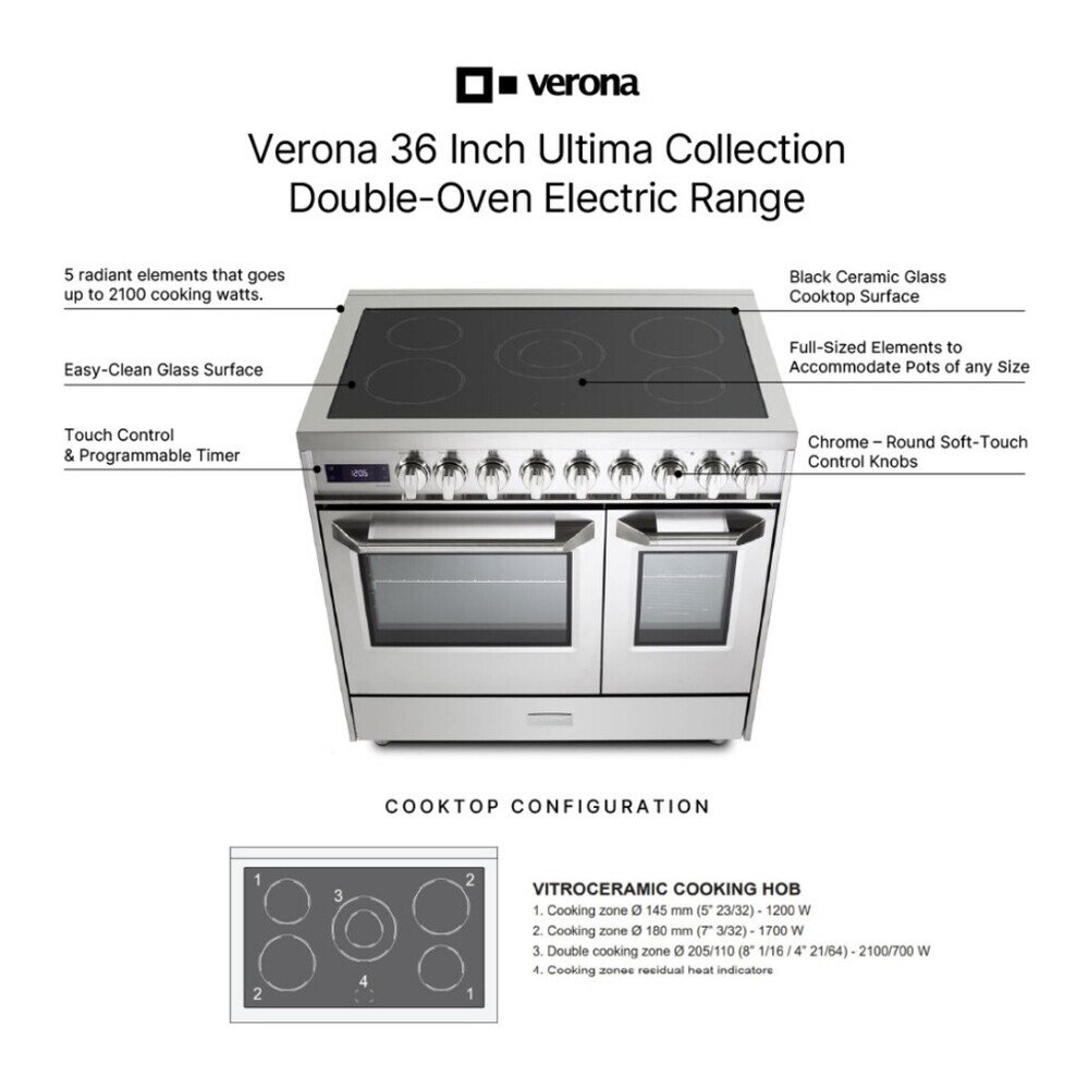 Verona VUFSEE365D 36 inch Ultima Double Oven Electric Range with 5 Radiant Elements, 4.1 cu. ft. Total Oven Capacity