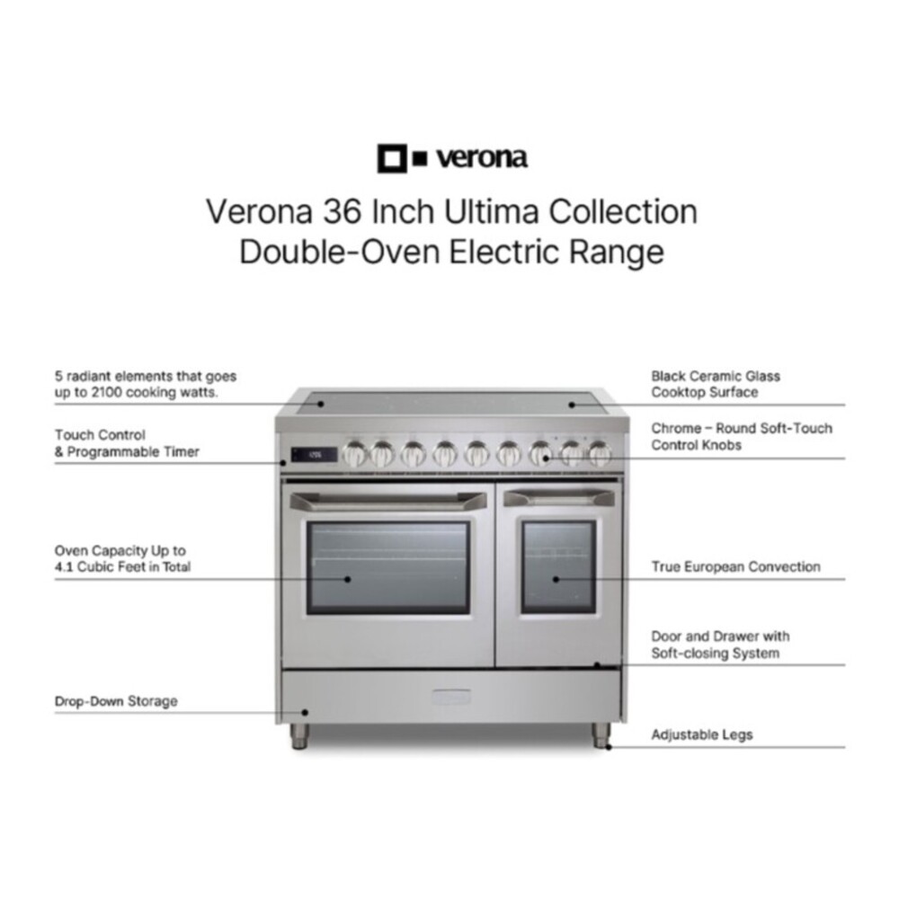 Verona VUFSEE365D 36 inch Ultima Double Oven Electric Range with 5 Radiant Elements, 4.1 cu. ft. Total Oven Capacity