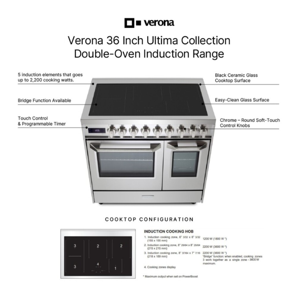 Verona VUFSIE365D 36 inch Ultima Collection Double Oven Induction Range with 5 Elements, 4.1 cu. ft. Oven Total Capacity